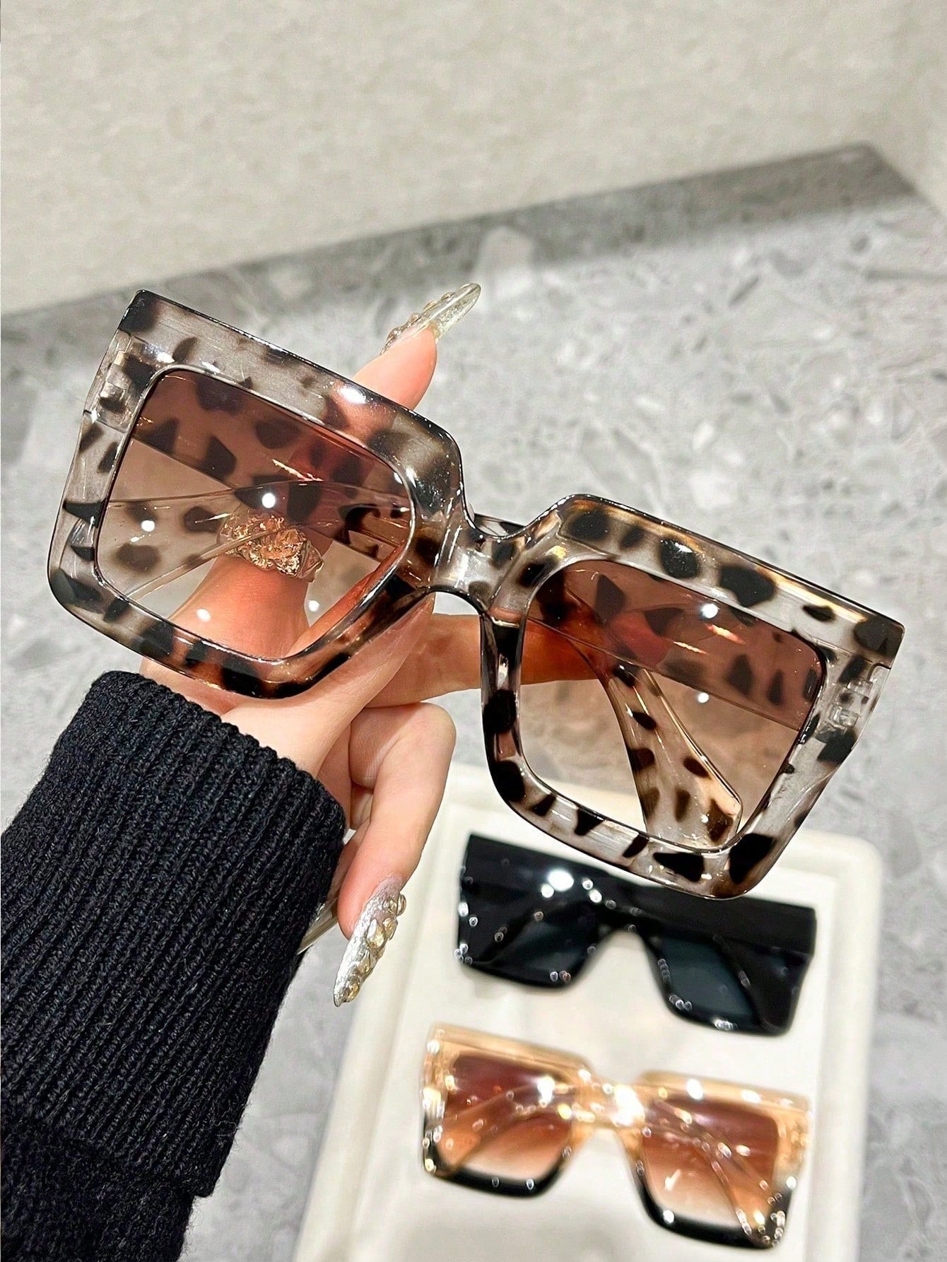 3PCS Oversized Geometric Leopard Print Retro Glasses Set – Full Frame Fashion Eyewear for Parties, Travel, Festivals & Street Style