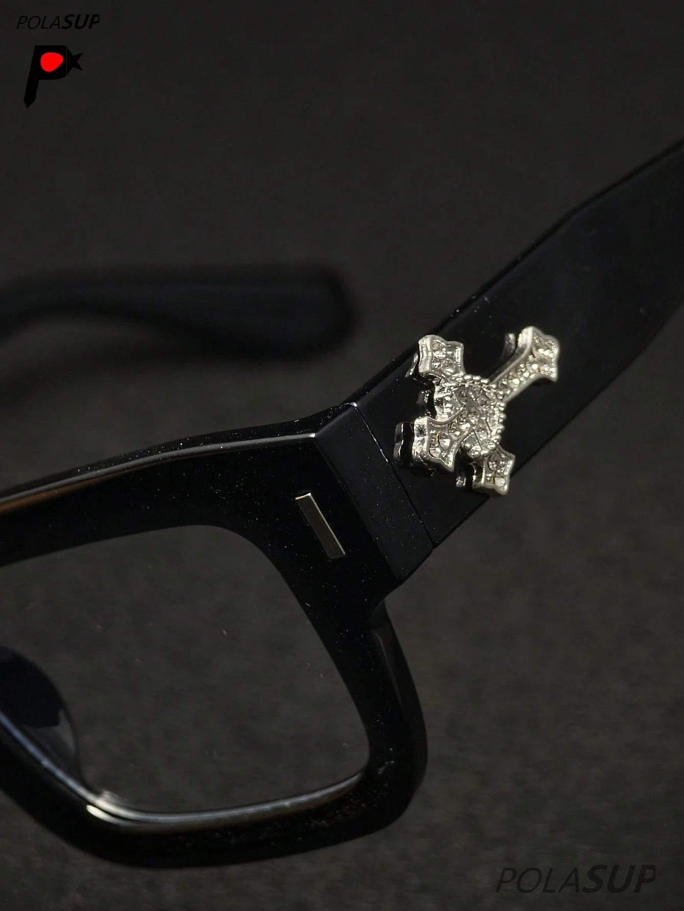 POLASUP Crystal Cross & Heart Square Blue Light Glasses – Retro Korean Style Metal Frame Computer & Gaming Eyewear with Strap