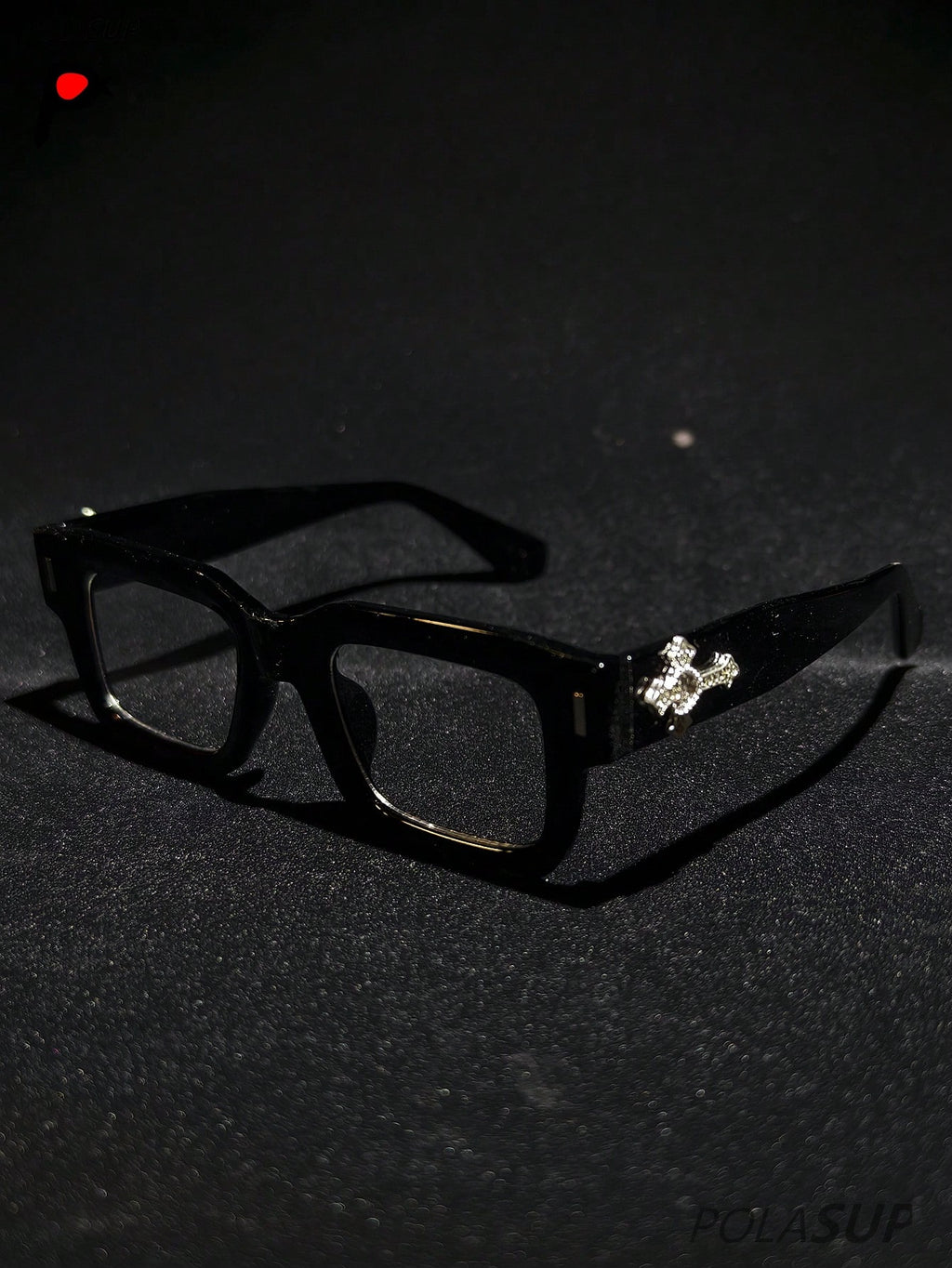 POLASUP Crystal Cross & Heart Square Blue Light Glasses – Retro Korean Style Metal Frame Computer & Gaming Eyewear with Strap