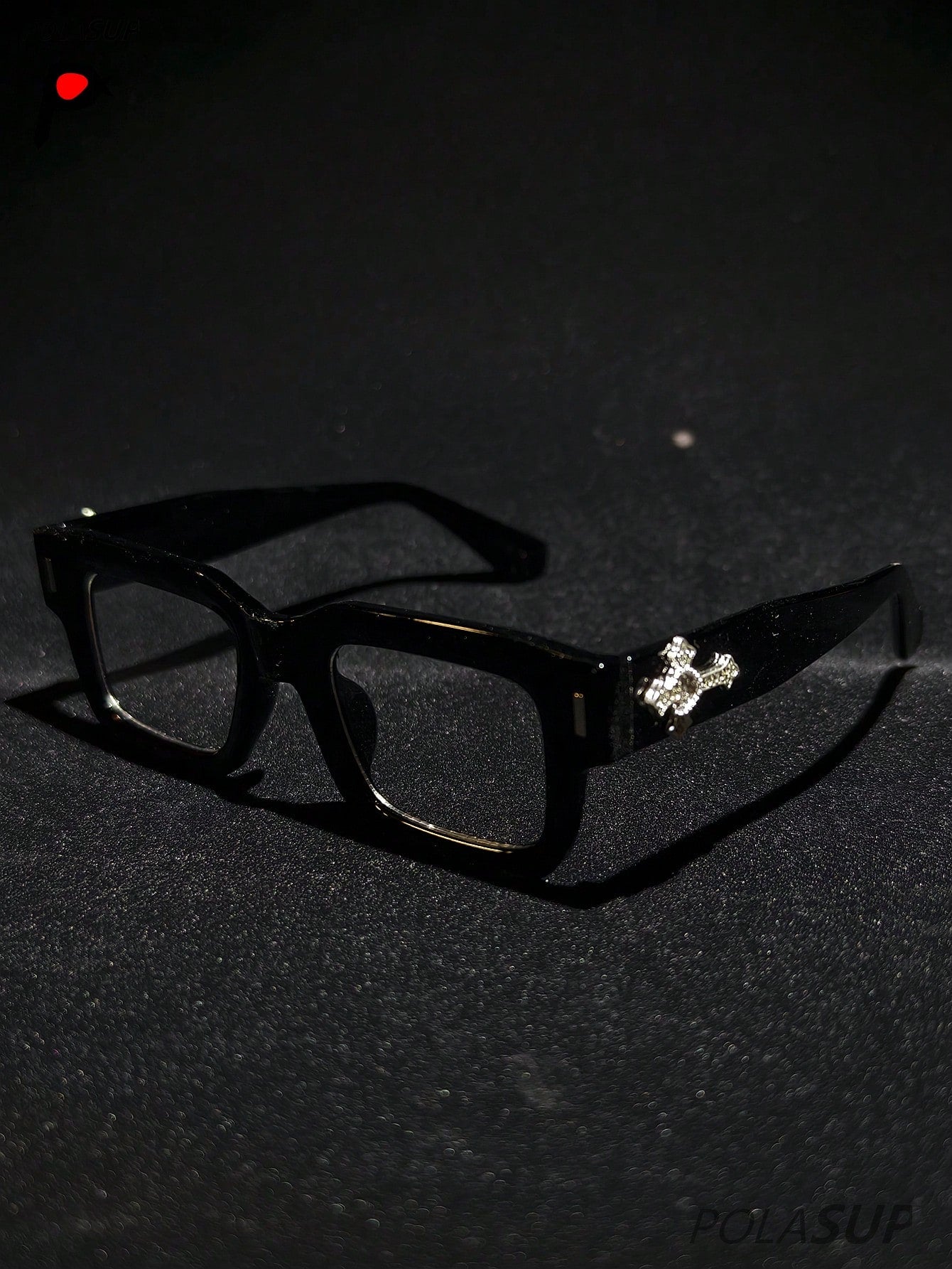 POLASUP Crystal Cross & Heart Square Blue Light Glasses – Retro Korean Style Metal Frame Computer & Gaming Eyewear with Strap