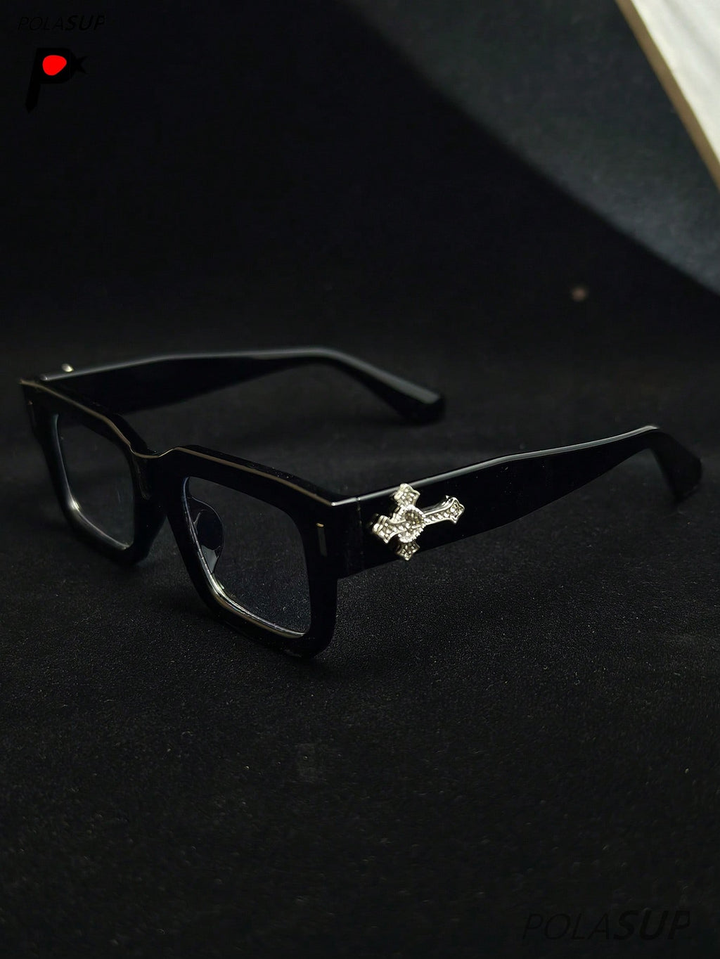 POLASUP Crystal Cross & Heart Square Blue Light Glasses – Retro Korean Style Metal Frame Computer & Gaming Eyewear with Strap