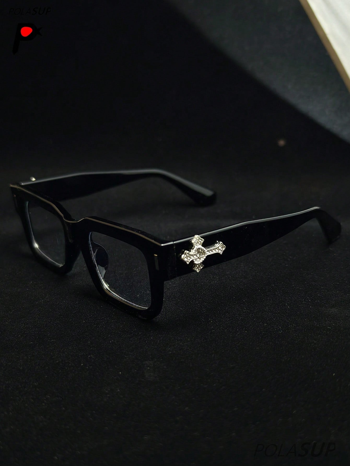POLASUP Crystal Cross & Heart Square Blue Light Glasses – Retro Korean Style Metal Frame Computer & Gaming Eyewear with Strap