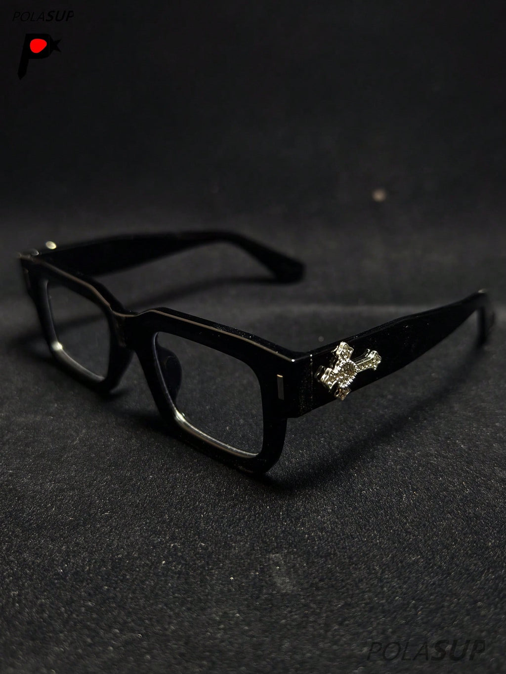 POLASUP Crystal Cross & Heart Square Blue Light Glasses – Retro Korean Style Metal Frame Computer & Gaming Eyewear with Strap